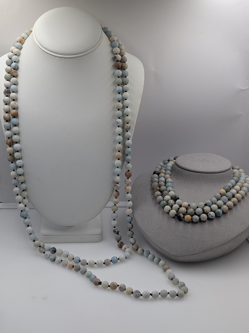 2Pc Natural Matte Amazonite Hand Knotted Endless Mala Bead Necklace Set 0706